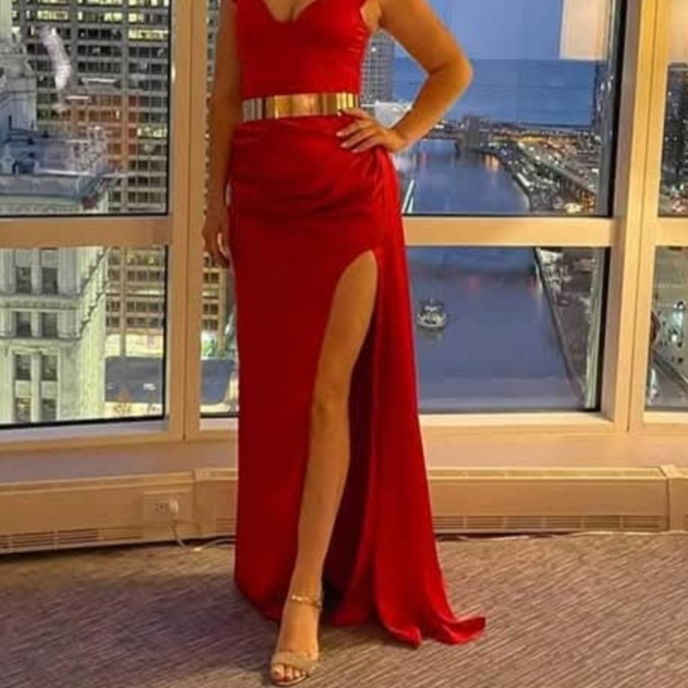 Red Maxi Gown with Plunge Neckline and Slit